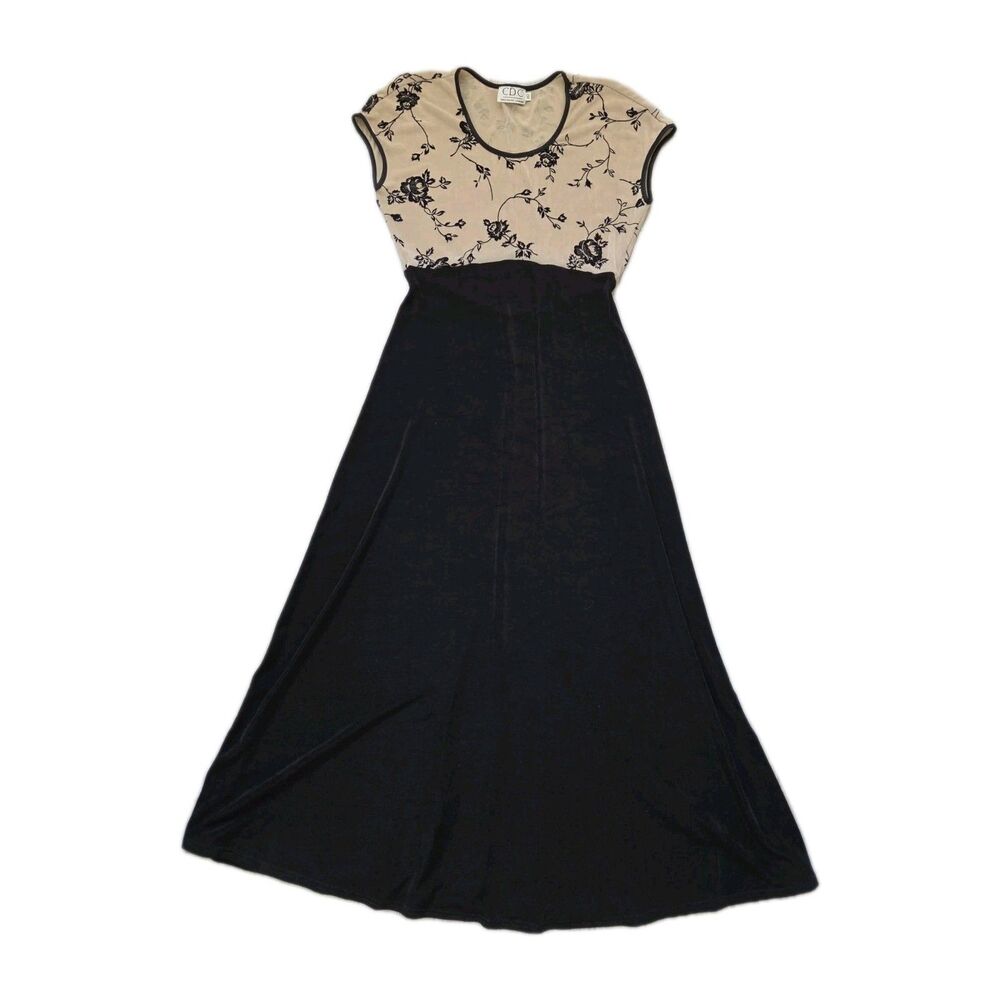 VTG CDC Caren Desiree Co Black Beige Floral Mesh Maxi Dress Womens 10 Y2K EUC